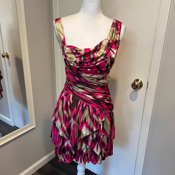 bebe Pink & tan Ruched mini dress with layered bottom, Size Small - Picture 1 of 16